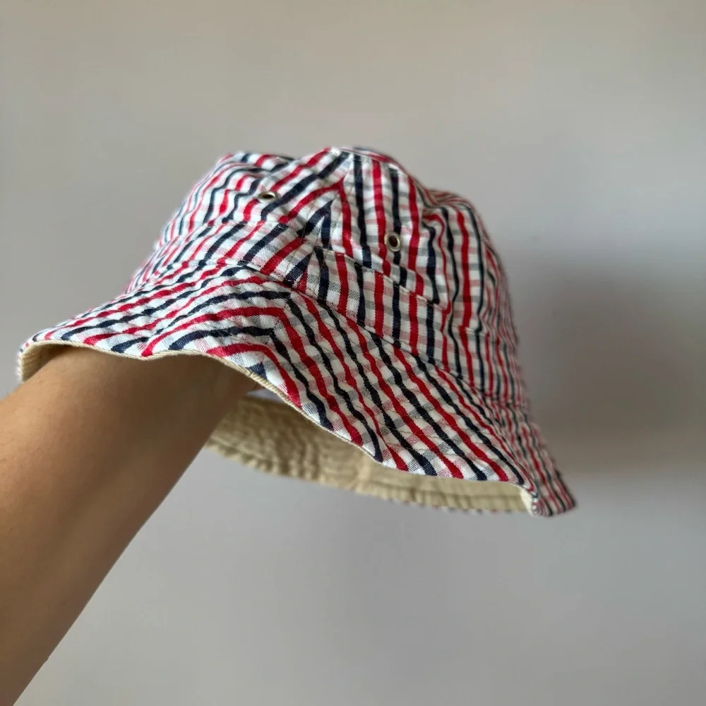Hanna Andersson Vintage Gingham Plaid‎ Navy Red Reversible Bucket Hat Medium